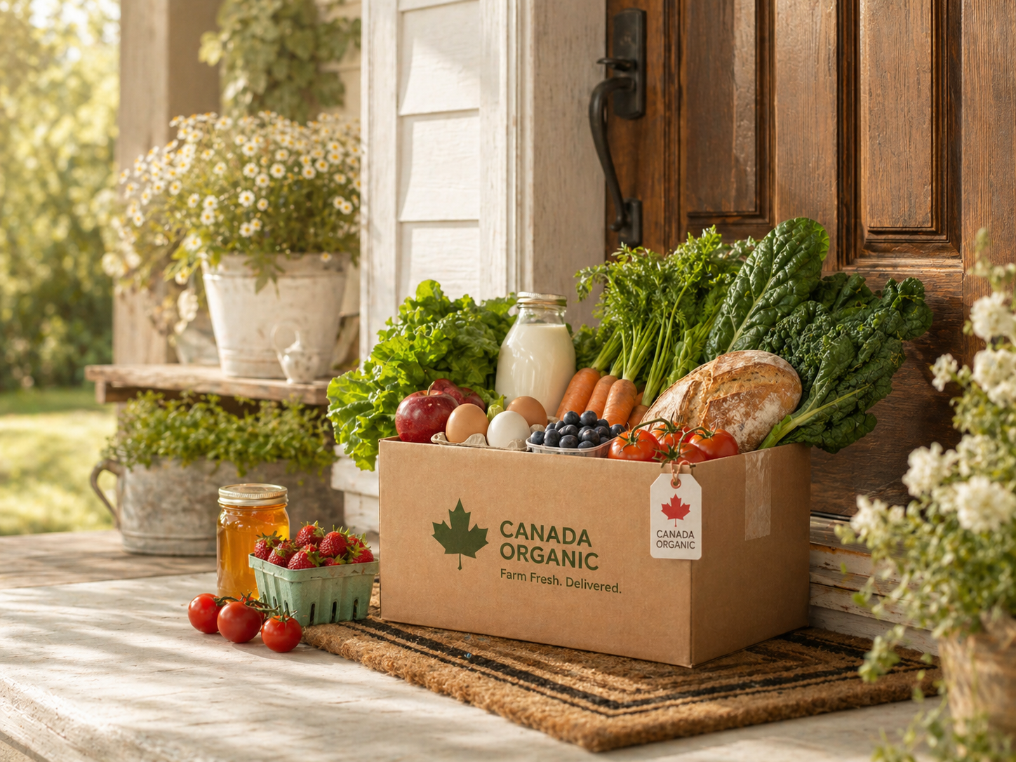 Organic farm box delivery on a Canadian porch