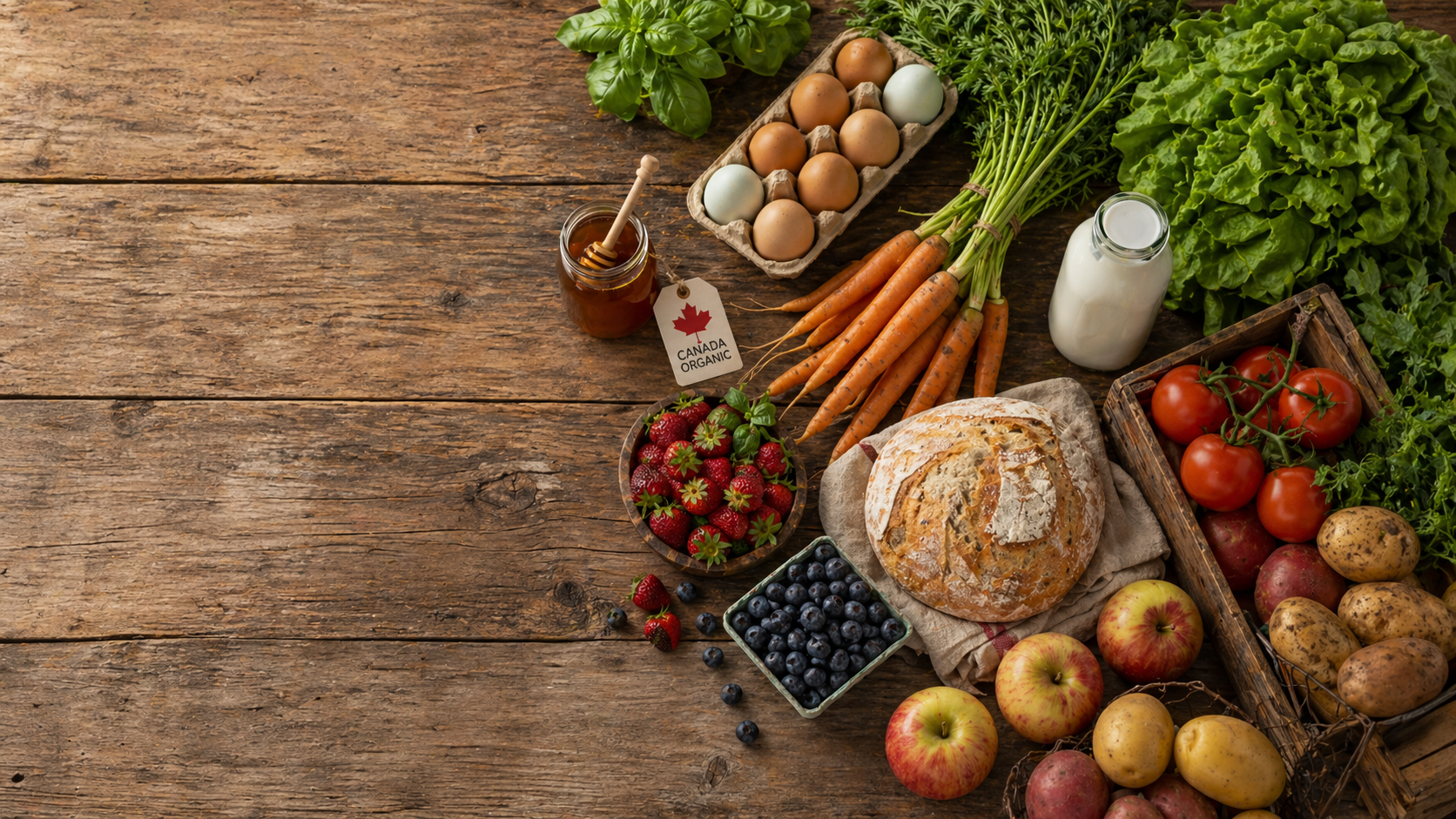 Organic produce flat lay with vegetables, bread, eggs, and honey